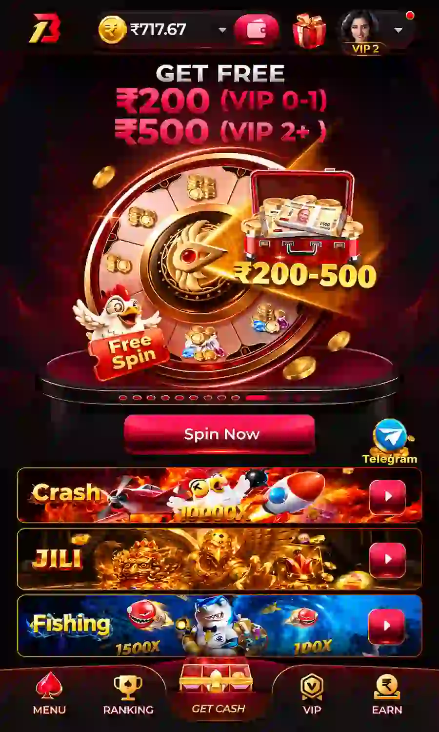 BONU1 app lobby with Crash, JILI, and Fishing categories